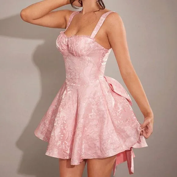 Baby Pink Elegant Women's Romantic Ruffled Lace Dress - Picture 6 of 7